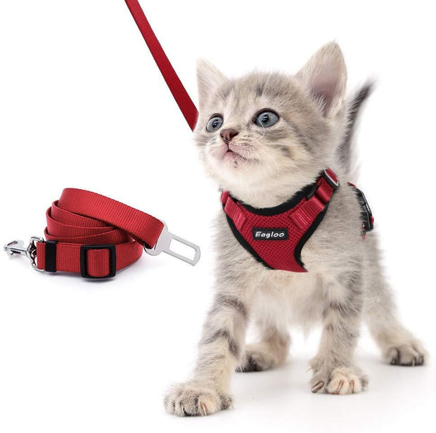 Escape Proof Cat Vest Harness And Car Seat Belt Adapter Adjustable Reflective Cat Harness Soft Mesh Harness For Kitten Puppy