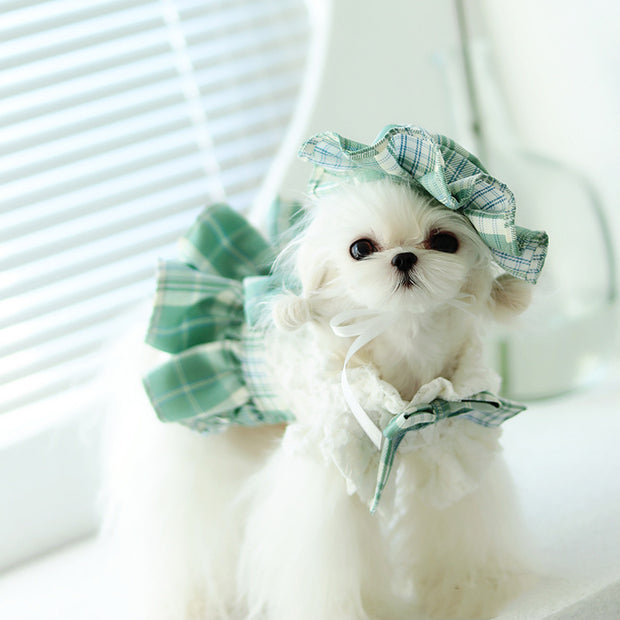 Dog Spring And Summer Cat Lace Dress Jk Plaid Big Bow Pleated Dress